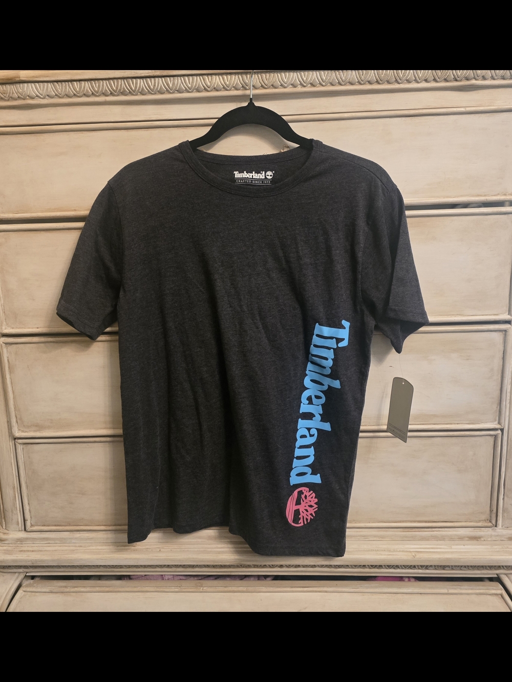 Timberland Boy's Charcoal Tee with Blue Logo sz. L 14/16